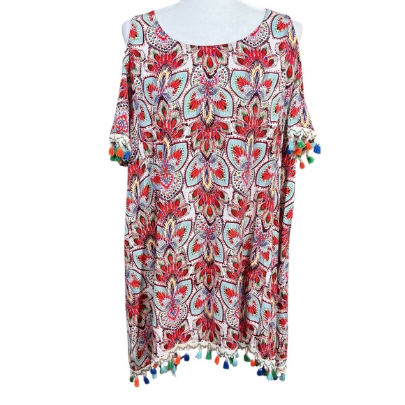 Jodifl‎ Cold Shoulder Tassel Dress Medium Colorful Print Bohemian Style Fiesta - Picture 1 of 12